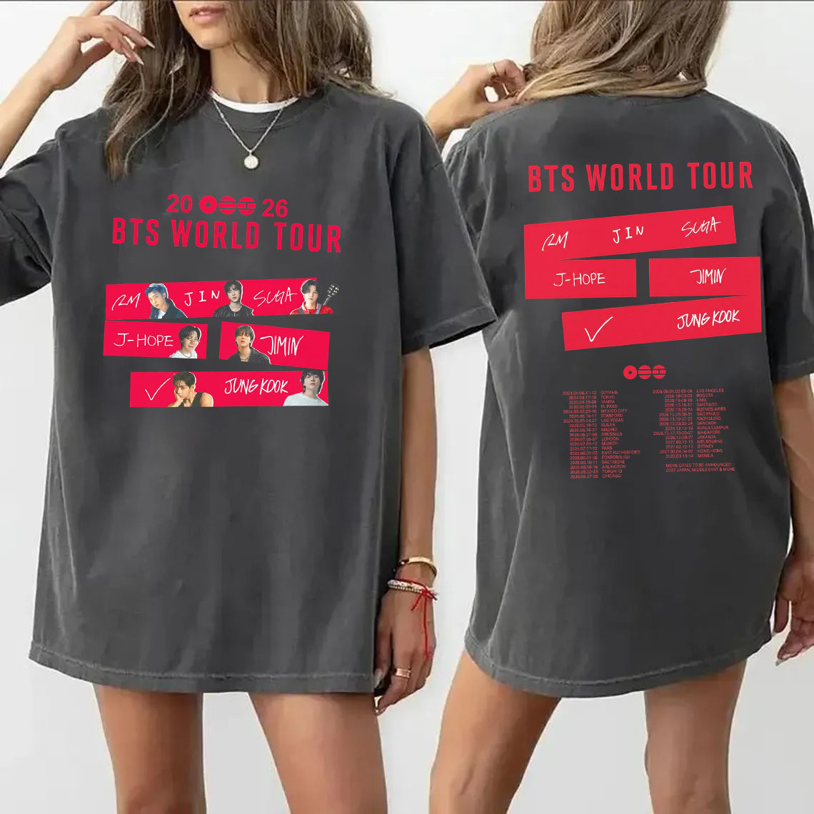 BTS 2026 World Tour Fan Tee | All Members Tour Dates Graphic Shirt | Dark Washed ARMY Concert Merch
