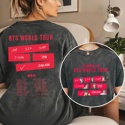 BTS 2026 World Tour Fan Tee | All Members Tour Dates Graphic Shirt | Dark Washed ARMY Concert Merch