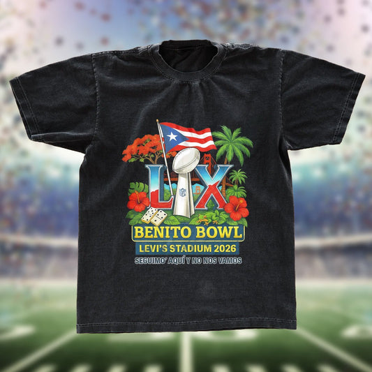 Benito Bowl Super Bowl LIX Fan Tee | Puerto Rico Pride Football Graphic Shirt | Dark Washed Latino Fan Tee - Tuli Clothing