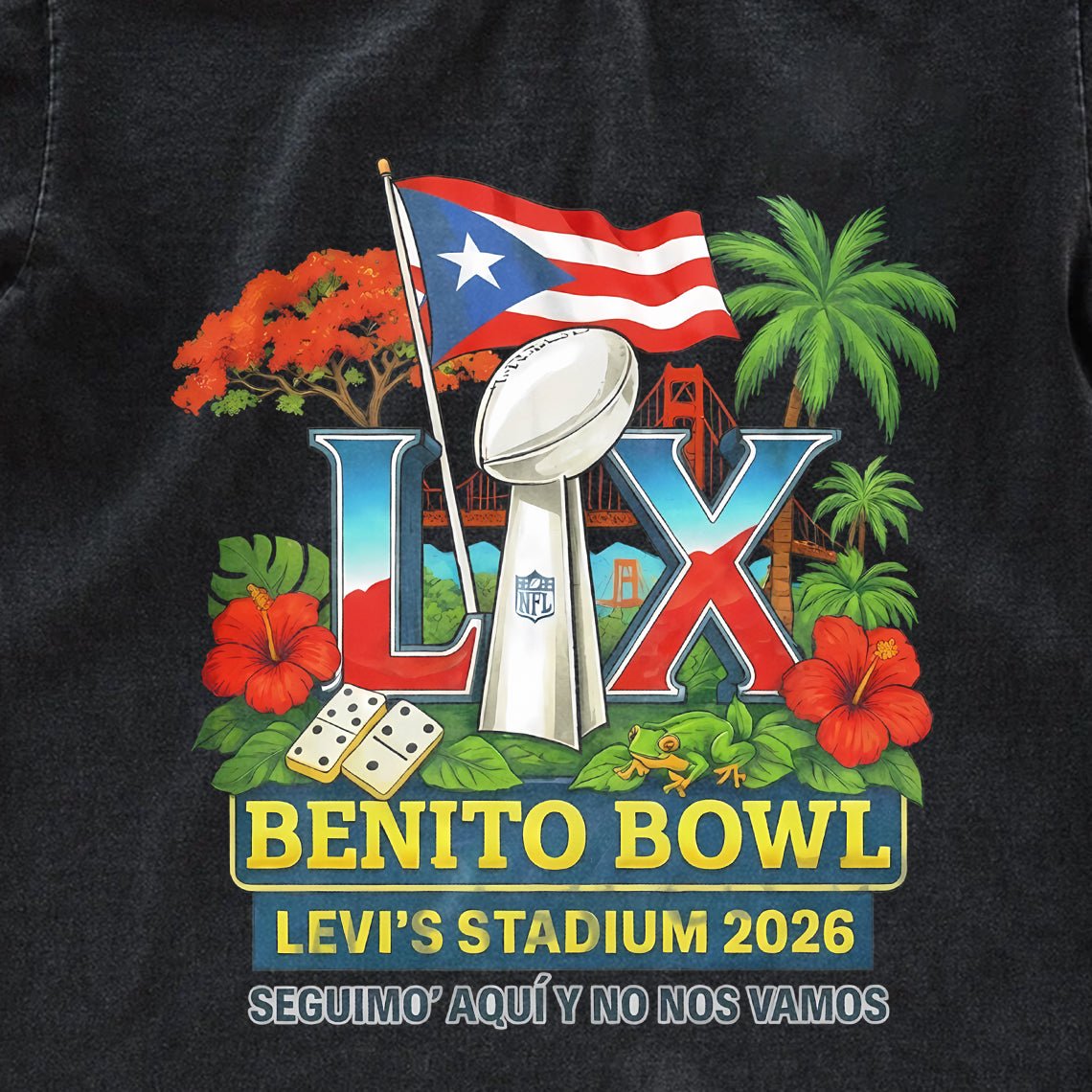 Benito Bowl Super Bowl LIX Fan Tee | Puerto Rico Pride Football Graphic Shirt | Dark Washed Latino Fan Tee - Tuli Clothing