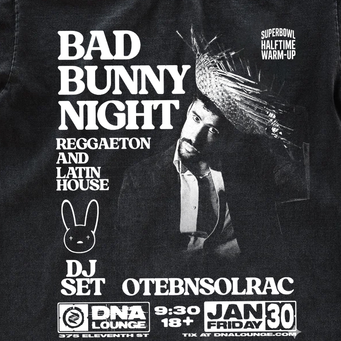 Bad Bunny Night DNA Lounge Vintage Fan Tee | Superbowl Halftime Warm-Up DJ Set Graphic Shirt | Dark Washed Reggaeton Event Tee