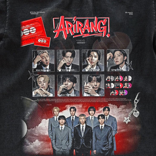 BTS Arirang 5th Album Vintage Fan Tee | All Members Photo Card Graphic Shirt | Dark Washed Kpop Merch