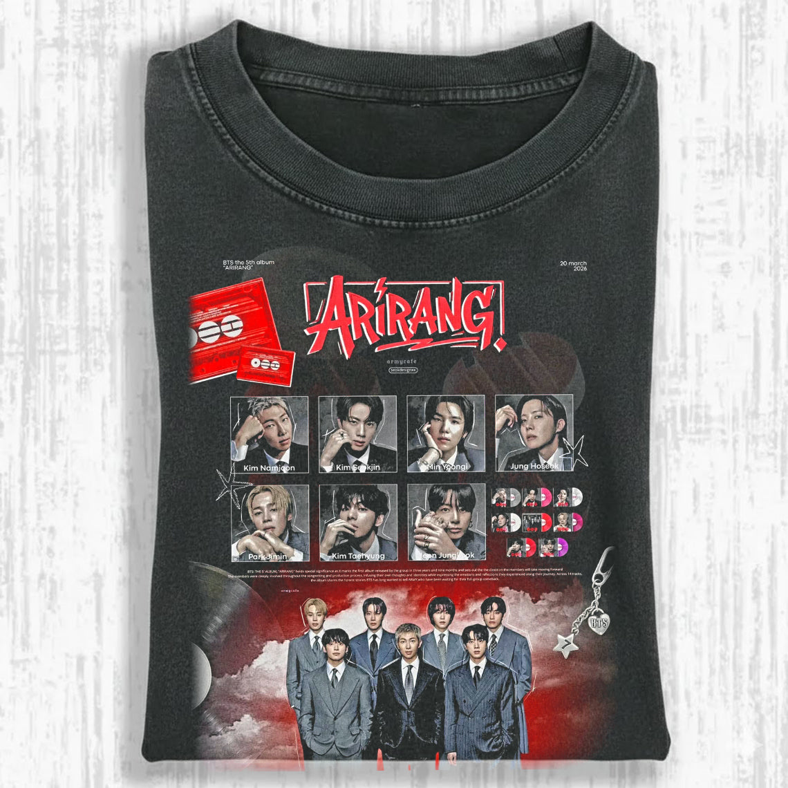 BTS Arirang 5th Album Vintage Fan Tee | All Members Photo Card Graphic Shirt | Dark Washed Kpop Merch