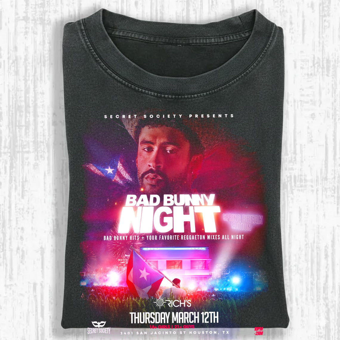 Bad Bunny Night Spring Break Vintage Fan Tee | Latino Party Night Graphic Shirt | Dark Washed Reggaeton Event Tee