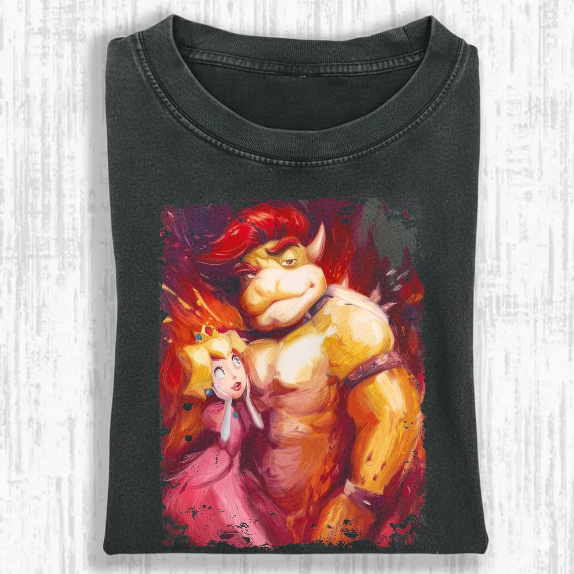 Bowser Peach Villain Princess Dark Art Tee | Fantasy Villain Romance Graphic Shirt | Dark Washed Fan Art Tee