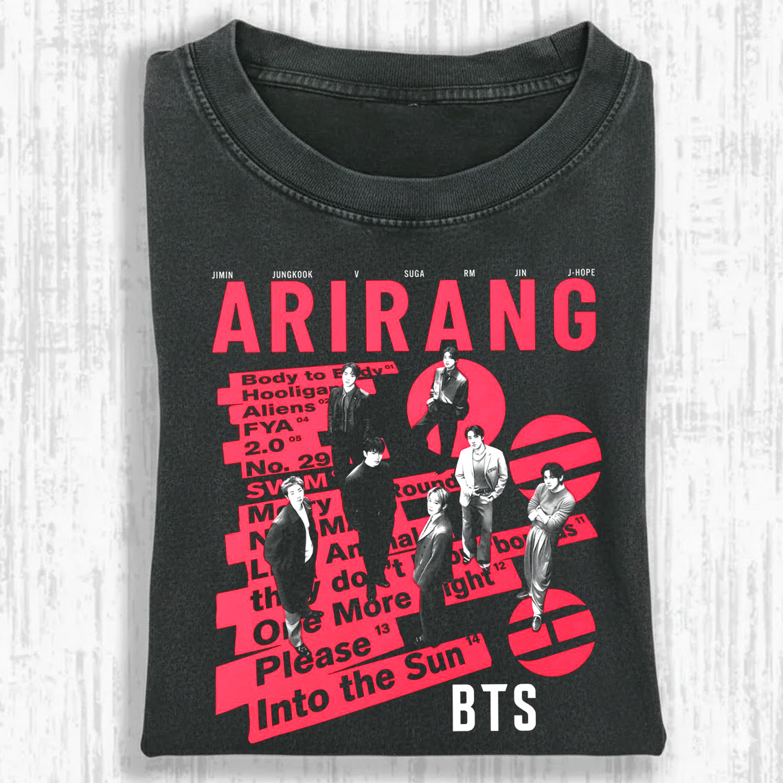 BTS Arirang Album Vintage Fan Tee | ARMY All Members Graphic Shirt | Dark Washed Kpop Merch Gift