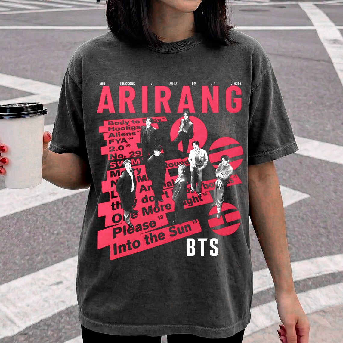 BTS Arirang Album Vintage Fan Tee | ARMY All Members Graphic Shirt | Dark Washed Kpop Merch Gift
