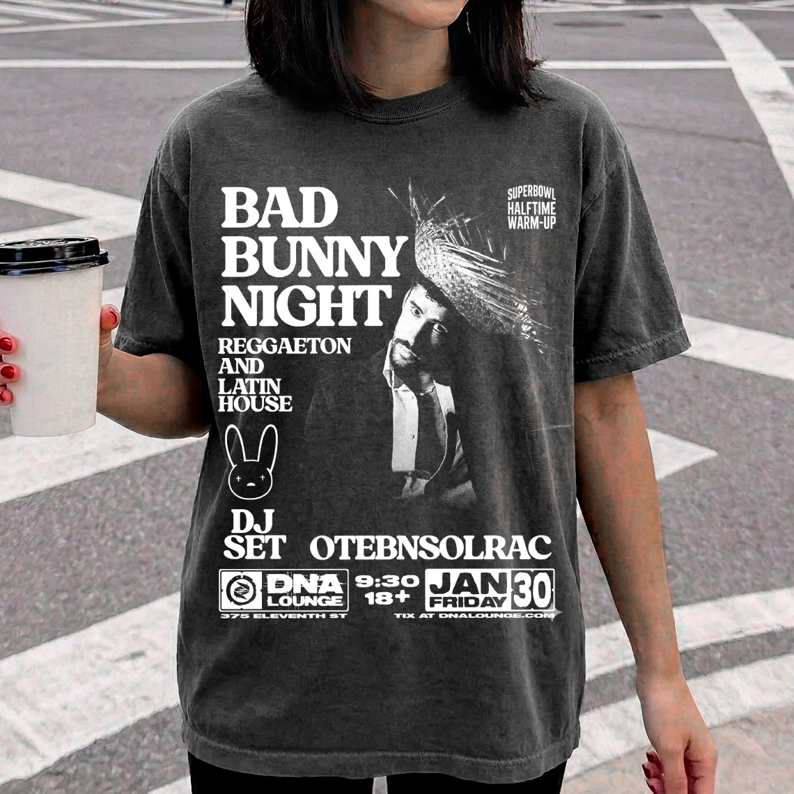 Bad Bunny Night DNA Lounge Vintage Fan Tee | Superbowl Halftime Warm-Up DJ Set Graphic Shirt | Dark Washed Reggaeton Event Tee
