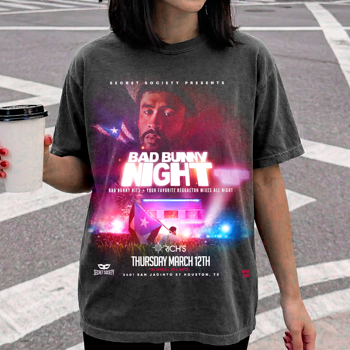 Bad Bunny Night Spring Break Vintage Fan Tee | Latino Party Night Graphic Shirt | Dark Washed Reggaeton Event Tee
