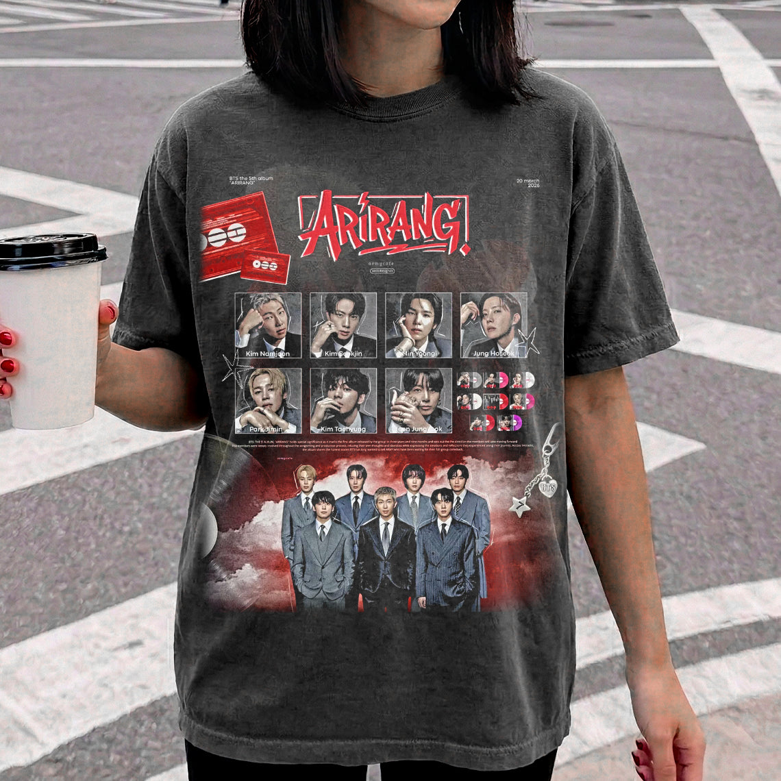 BTS Arirang 5th Album Vintage Fan Tee | All Members Photo Card Graphic Shirt | Dark Washed Kpop Merch