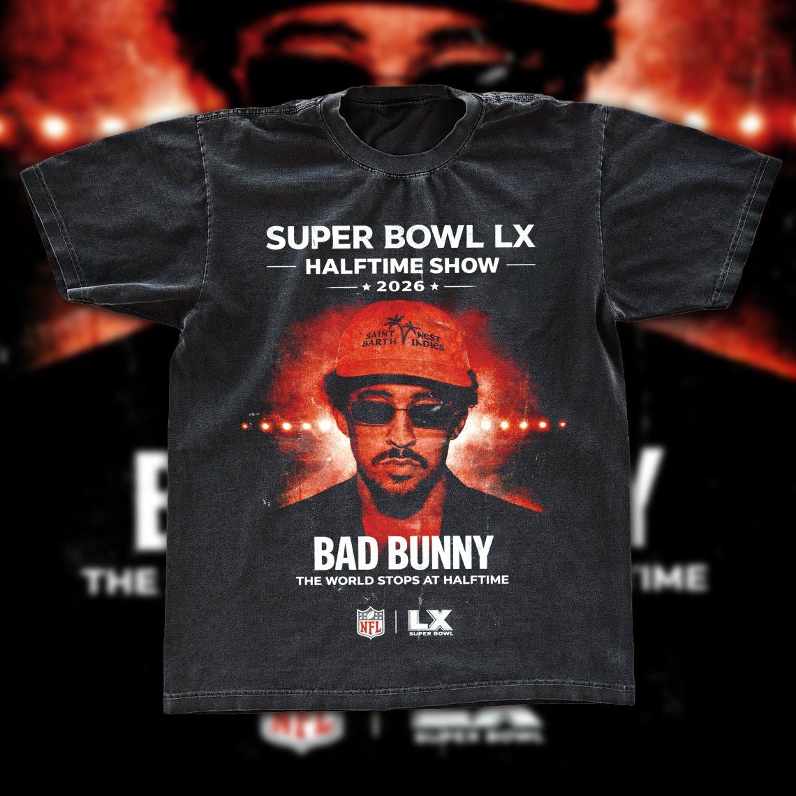 Bad Bunny Super Bowl LX Halftime Show 2026 Vintage Fan Tee | The World Stops At Halftime Graphic Shirt | Dark Washed Reggaeton Fan Merch - Tuli Clothing