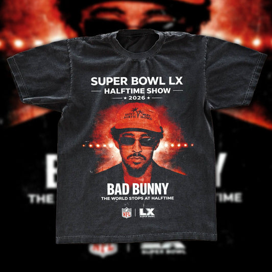 Bad Bunny Super Bowl LX Halftime Show 2026 Vintage Fan Tee | The World Stops At Halftime Graphic Shirt | Dark Washed Reggaeton Fan Merch - Tuli Clothing
