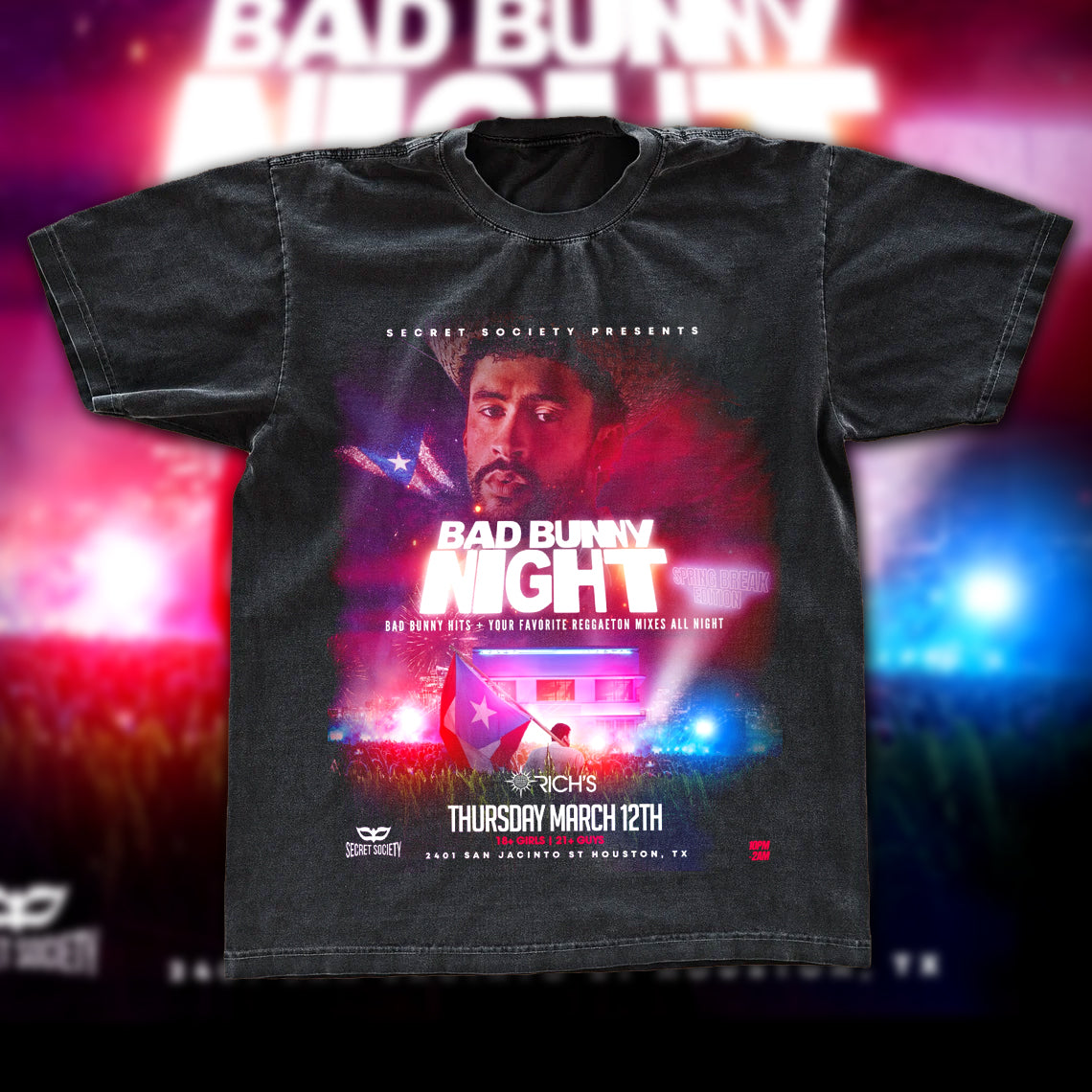 Bad Bunny Night Spring Break Vintage Fan Tee | Latino Party Night Graphic Shirt | Dark Washed Reggaeton Event Tee
