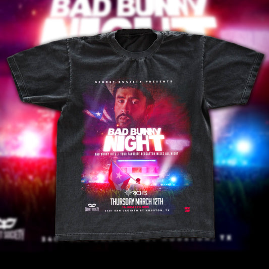 Bad Bunny Night Spring Break Vintage Fan Tee | Latino Party Night Graphic Shirt | Dark Washed Reggaeton Event Tee