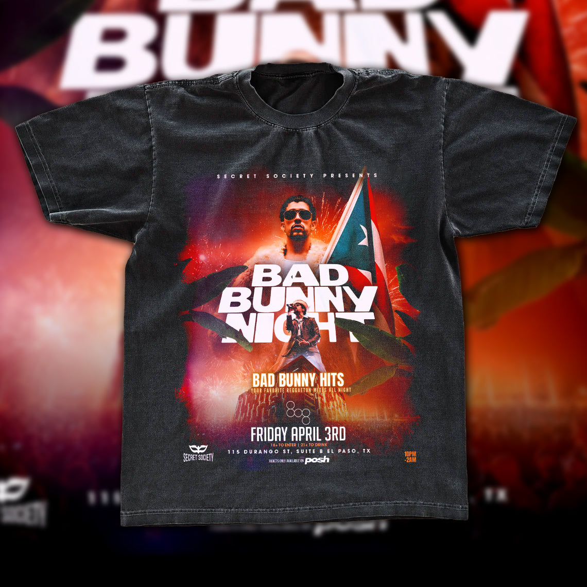 Bad Bunny Night El Paso Vintage Fan Tee | Latino Night Party Graphic Shirt | Dark Washed Event Tee
