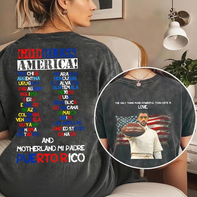 Bad Bunny Together We Are America Vintage Tee | Latino Unity Graphic Shirt | God Bless America Fan Tee - Tuli Clothing