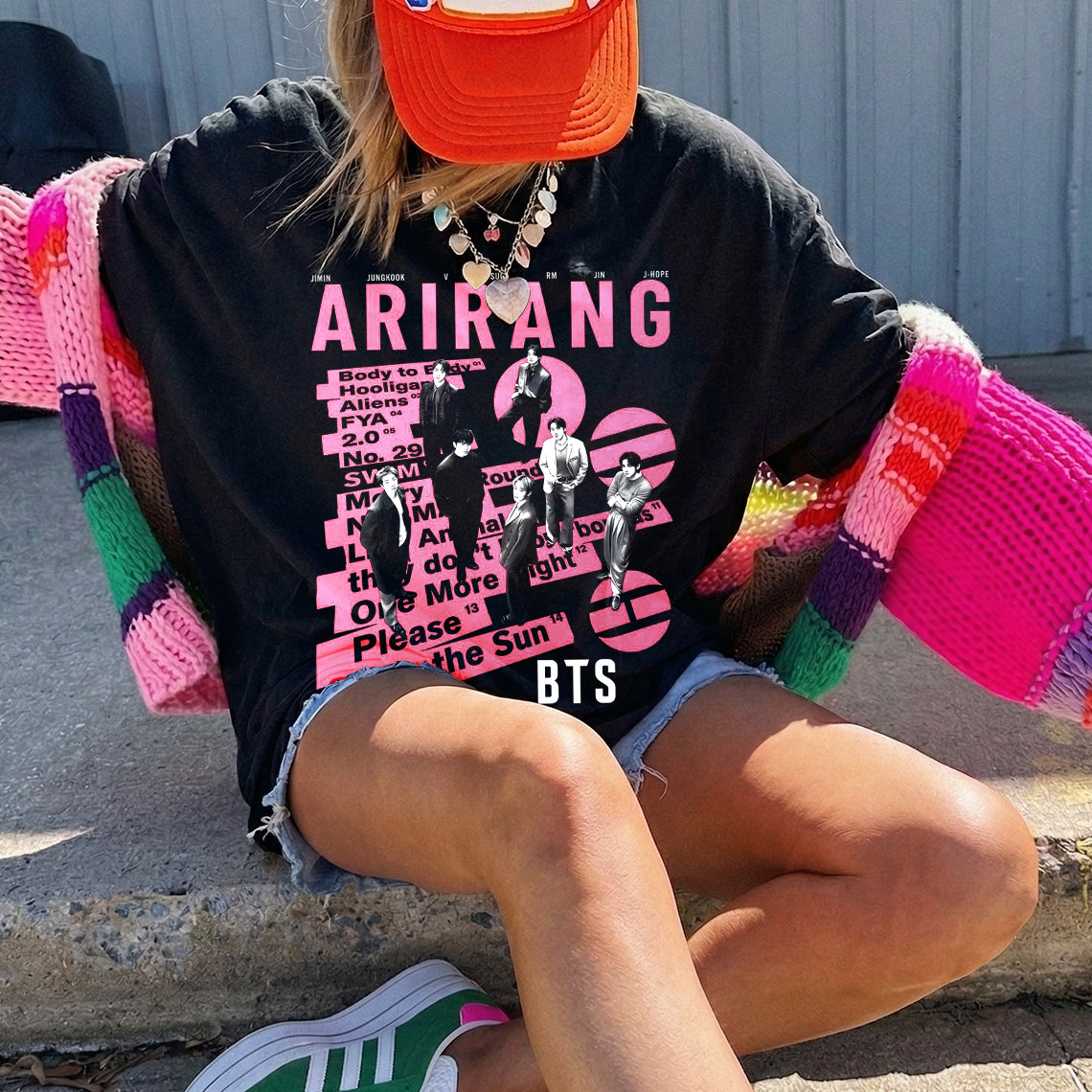 BTS Arirang Album Vintage Fan Tee | ARMY All Members Graphic Shirt | Dark Washed Kpop Merch Gift
