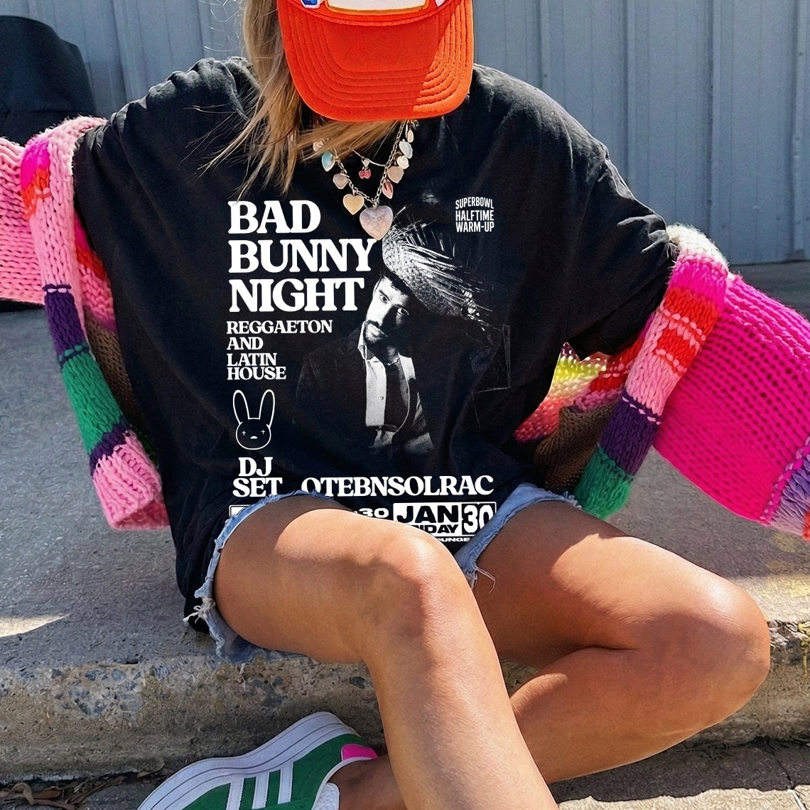 Bad Bunny Night DNA Lounge Vintage Fan Tee | Superbowl Halftime Warm-Up DJ Set Graphic Shirt | Dark Washed Reggaeton Event Tee