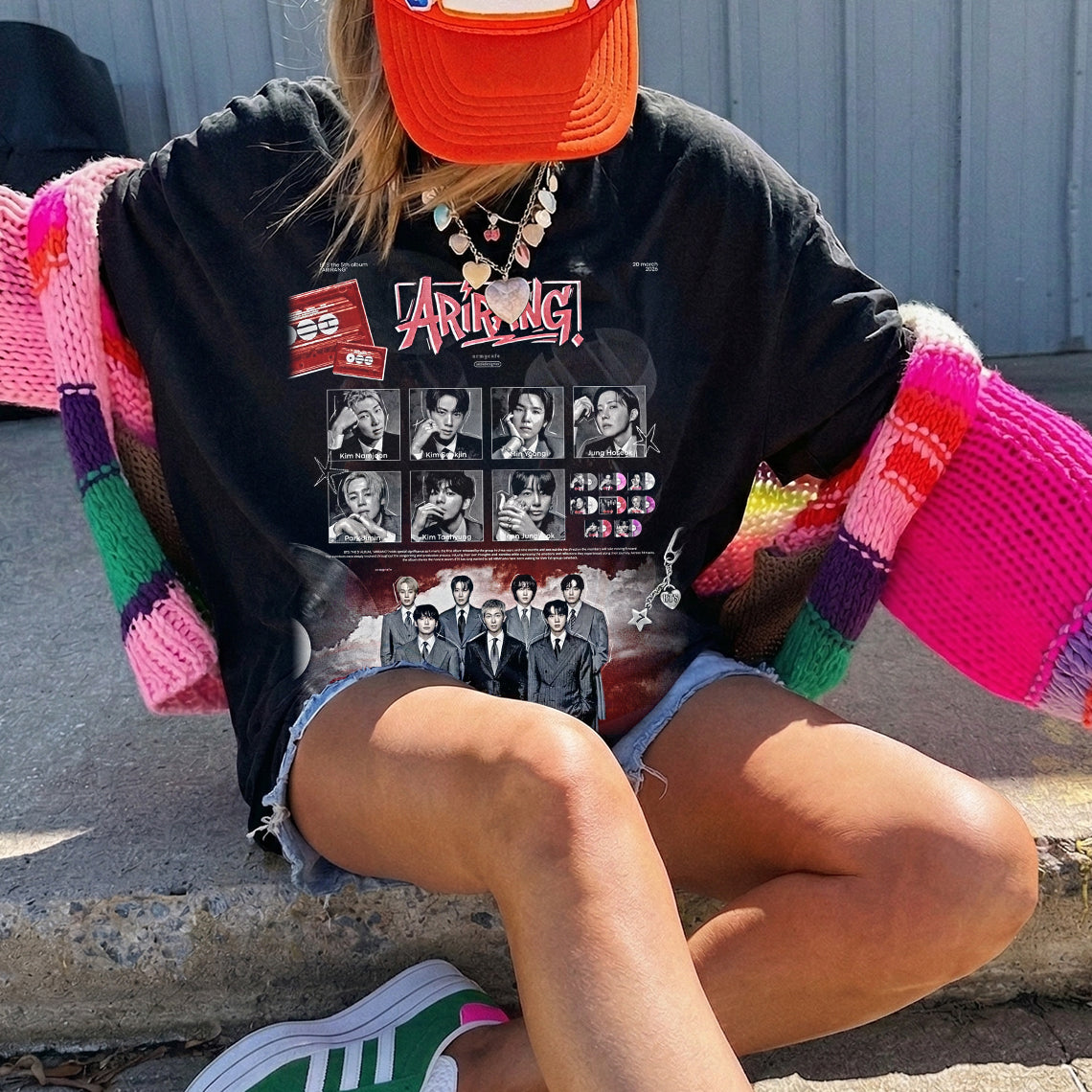 BTS Arirang 5th Album Vintage Fan Tee | All Members Photo Card Graphic Shirt | Dark Washed Kpop Merch