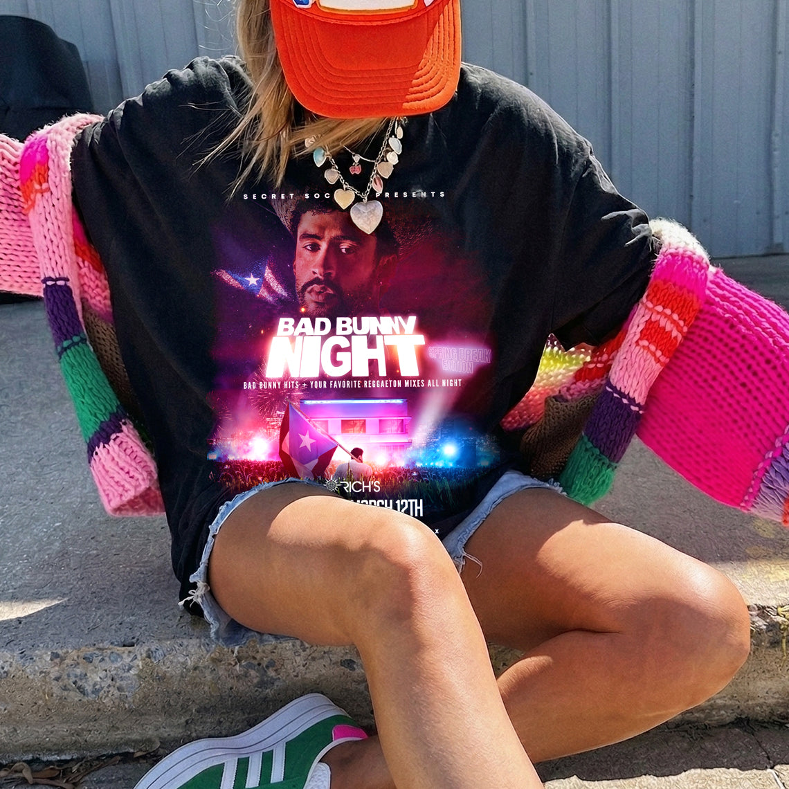 Bad Bunny Night Spring Break Vintage Fan Tee | Latino Party Night Graphic Shirt | Dark Washed Reggaeton Event Tee